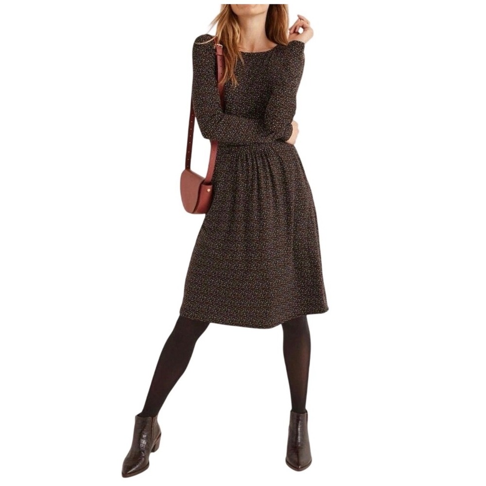 Boden Long Sleeve Jersey Dot Print Pocket Dress Brown Multi US 2R